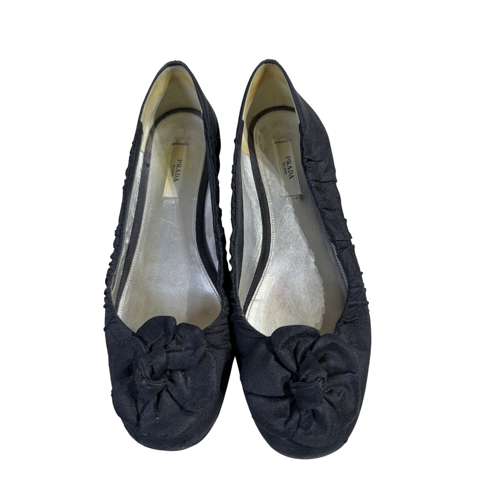 Prada Black Satin Ballerina Flats Rosette Ruched Ballet Shoes Size 7 READ